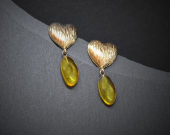 Amber heart gold earrings, golden fossil earrings, Baltic amber jewelry for her, gemstone stud earrings, spring birthday gift for wife
