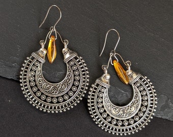 Large filigree ornamental earrings with brown glass drop, oxidized silver tone, bohemian tribal design, summer festival style, dangle drops