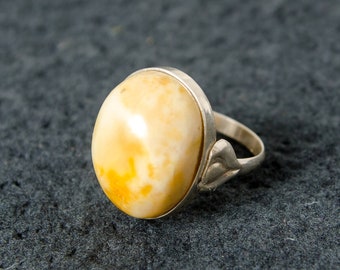 Amber ring for women, white butterscotch natural gemstone jewelry, handmade sterling silver ring, anniversary gift for her