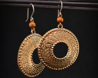 Large mandala earrings, oak leaves statement brass bohemian earrings, geometric jewelry for gift, dangle Viking style earrings