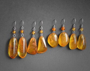 Amber drop earrings, sterling silver jewelry for women, dangle transparent yellow Baltic amber gemstone, beach jewelry