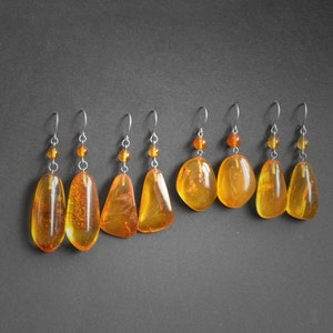 Amber drop earrings, sterling silver jewelry for women, dangle transparent yellow Baltic amber gemstone, beach jewelry