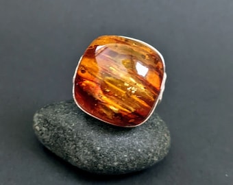 Amber ring, sterling silver gemstone statement ring, untreated Baltic amber jewelry gift for her birthday, anniversary gift, size US 5