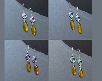 Crystal earrings dangle, recycled sterling silver earwires, amber gemstone drop earrings for women gift