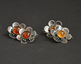 Baltic amber earrings, floral forget me not flowers earrings, hammered petals, elegant silver earrings, antiqued recycled silver jewelry