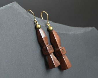 Long wood earrings, dangle geometric wooden dark brown mahogany wood statement earrings for women, brass bead, gold plated ear wires