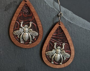 Bee earrings, large drop earrings, wooden and leather statement jewelry, bohemian costume ornate earrings