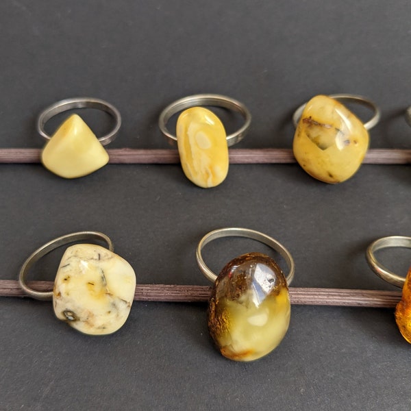 Freeform ring, natural amber gemstone ring, unisex latvian jewelry, royal white, yellow, brown nordic gemstone, raw healing crystal band