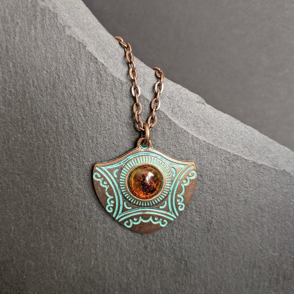 Patined shield necklace, copper tone green warrior women armor jewelry with amber gemstone, vintage look inspired jewellery for her