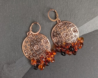 Round copper earrings, wire wrapped amber gemstone beads, leverback flower boho earrings for women, chandelier summer jewelry