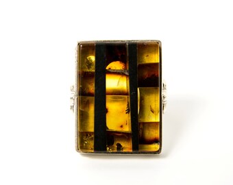 Amber ring, geometric sterling silver ring, size US 8 3/4, mosaic womens jewelry, modern black contemporary design, Baltic amber jewelry