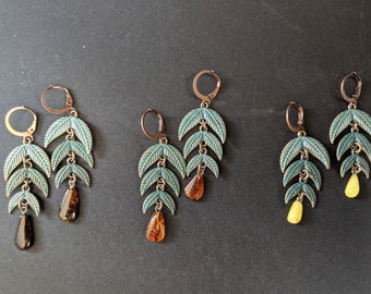 Patined copper leaves earrings, long dangle nature inspired jewelry with amber gemstone drop bead, leverback earrings for women