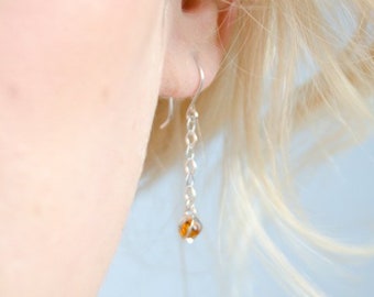 Silver + amber earrings with silver chain, delicate jewelry for holiday gift this winter