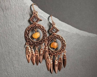 Copper fringe long earrings, matt amber gemstone brown bead, dangle leverback boho earrings for women, chandelier summer jewelry