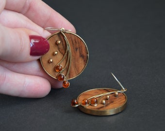 Wood earrings with amber, round dangling brass earrings for women, brown bohemian statement Baltic amber jewelry for her