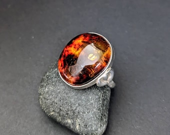 Amber ring, sterling silver statement healing gemstone jewelry for women, wedding anniversary solitaire cocktail gift for her, size 19,5 mm