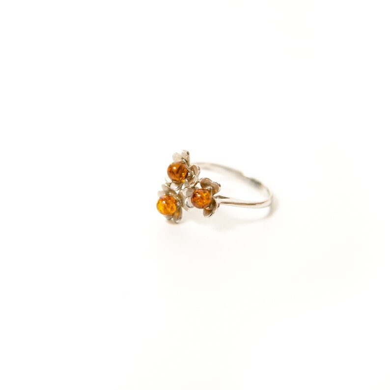 nature boho ring Amber ring brown natural amber gemstone ring for women birthday gift for her flower ring in silver /& Baltic amber