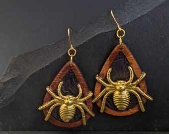 Spider earrings, large drop earrings, wood leather statement jewelry, halloween costume ornate earrings, chic spooky season