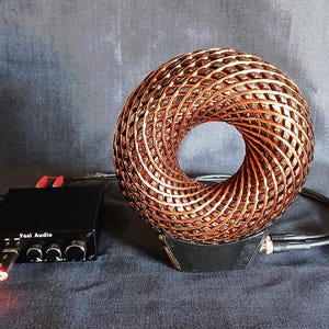 May include: A copper-coloured, toroidal-shaped coil with a woven, lattice-like texture mounted on a black base, connected by cables to a black Fosi Audio amplifier box featuring three control knobs and a glowing red USB drive inserted in the front.