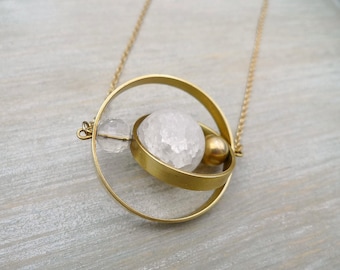 Long necklace,  Planet necklace, White crystal and raw brass necklace, Galaxy Necklace, Long white necklace