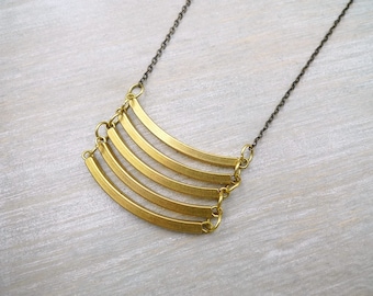 Raw Brass Geometric Necklace: Long Statement Chain, Minimalist Jewelry