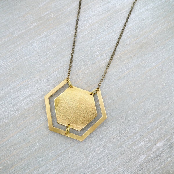 Long necklace, Raw brass necklace, Hexagon necklace, Long geometric necklace