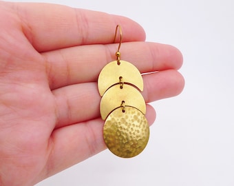 Hammered Raw Brass Moon Phase Earrings: Celestial Jewelry