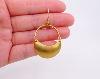 Raw Brass Half Moon Dangle Earrings: Geometric Circle Jewelry