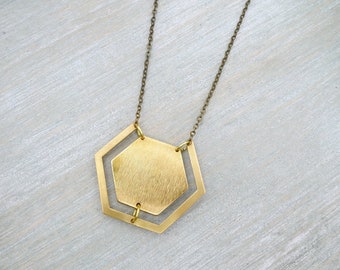Long necklace, Raw brass necklace, Hexagon necklace, Long geometric necklace