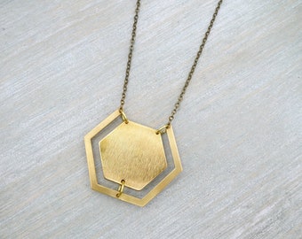 Long Raw Brass Hexagon Necklace: Geometric Pendant