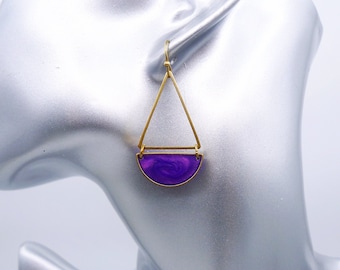 Raw Brass Triangle Drop Earrings: Purple Resin Geometric Dangles