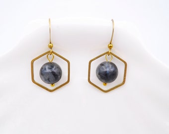 Geometric Earrings, Black spectrolite stone and raw brass earrings, Honeycomb Earrings, Hexagons Earrings
