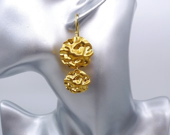 Hammered Raw Brass Circle Drop Earrings: Geometric Dangle