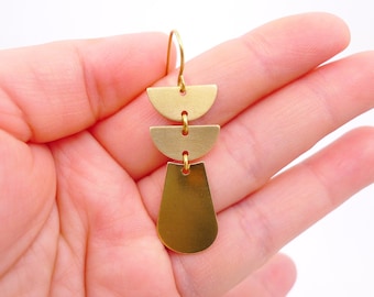 Raw Brass Geometric Dangle Earrings: Half Circle Modern Earrings