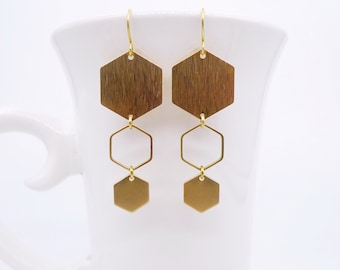 Geometric Hexagon Earrings: Raw Brass Honeycomb Dangle