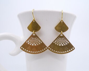 Raw Brass Geometric Dangle Earrings: Modern Fan Design