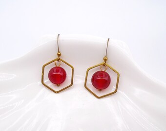 Geometric Earrings, Red Agate and raw brass earrings, Honeycomb Earrings, Hexagons Earrings