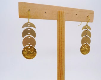 Hammered Raw Brass Moon Phase Earrings: Celestial Jewelry