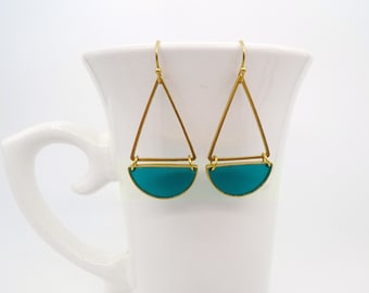 Geometric Raw Brass & Resin Earrings: Triangle Half Circle Dangle
