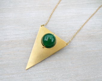 Long necklace, Green Agate and raw brass necklace, Triangle necklace, Long geometric necklace, minimalist necklace