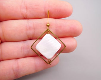 Mother of Pearl earrings, Square earrings, Raw brass earrings, Geometric dangle earrings, Simple white Earrings