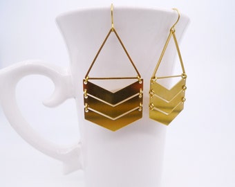 Raw Brass Chevron Earrings: Geometric Dangle Jewelry