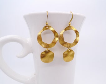 Hammered Raw Brass Drop Earrings: Geometric Dangle Earrings