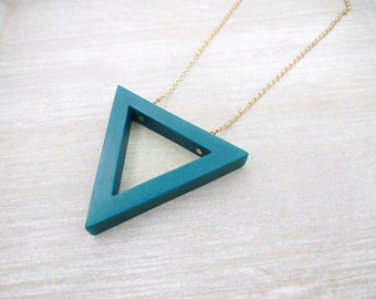 Long necklace, triangle necklace, Deep green pendant necklace, Geometric necklace