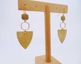 Geometric Raw Brass Dangle Earrings: Hexagon Honeycomb Design
