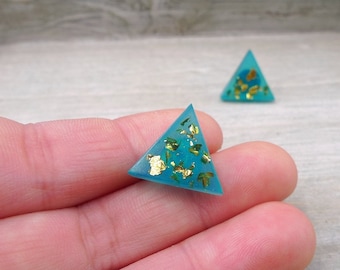 Triangle stud earrings, Teal and gold studs, Stainless steel posts, Geometric studs,