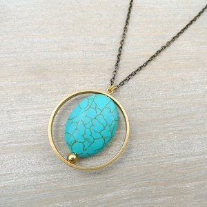 Long necklace, Long Turquoise necklace, Turquoise and raw brass necklace, Long geometric necklace, Circle pendant