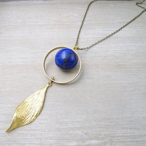 Long leaf necklace, Raw brass and Lapis lazuli necklace, Long minimalist necklace