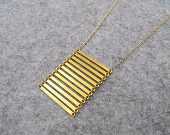 Raw Brass Geometric Long Necklace: Statement Bar Pendant