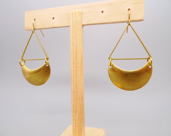 Raw brass earrings, Geometric dangle earrings, Simple earrings,  Moden earrings, Moon Drop Earrings, Half Moon Earrings